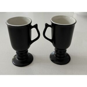 Vintage Carbone‎ Pottery Pedestal Mugs Irish Coffee Black White Lined Set Of 2